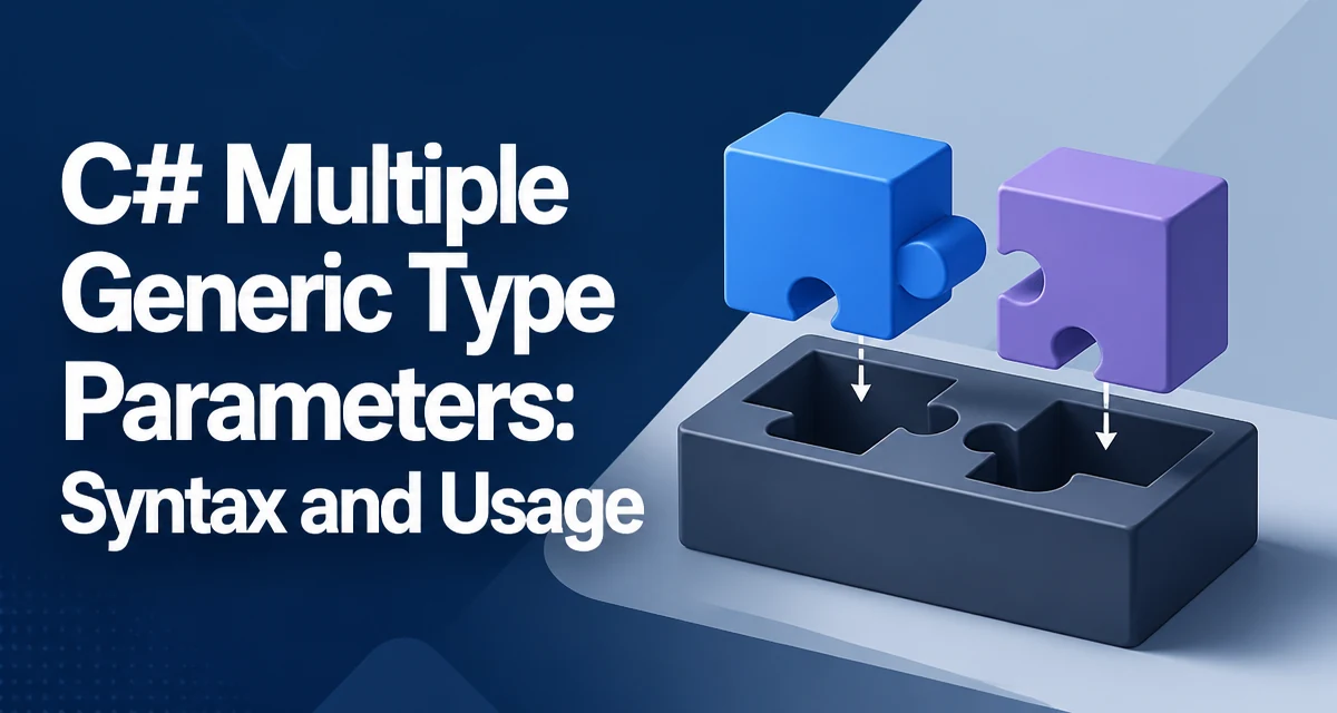 Illustration of a C# generic class with two type parameter slots being filled by concrete type tokens, shown as interlocking geometric blocks.