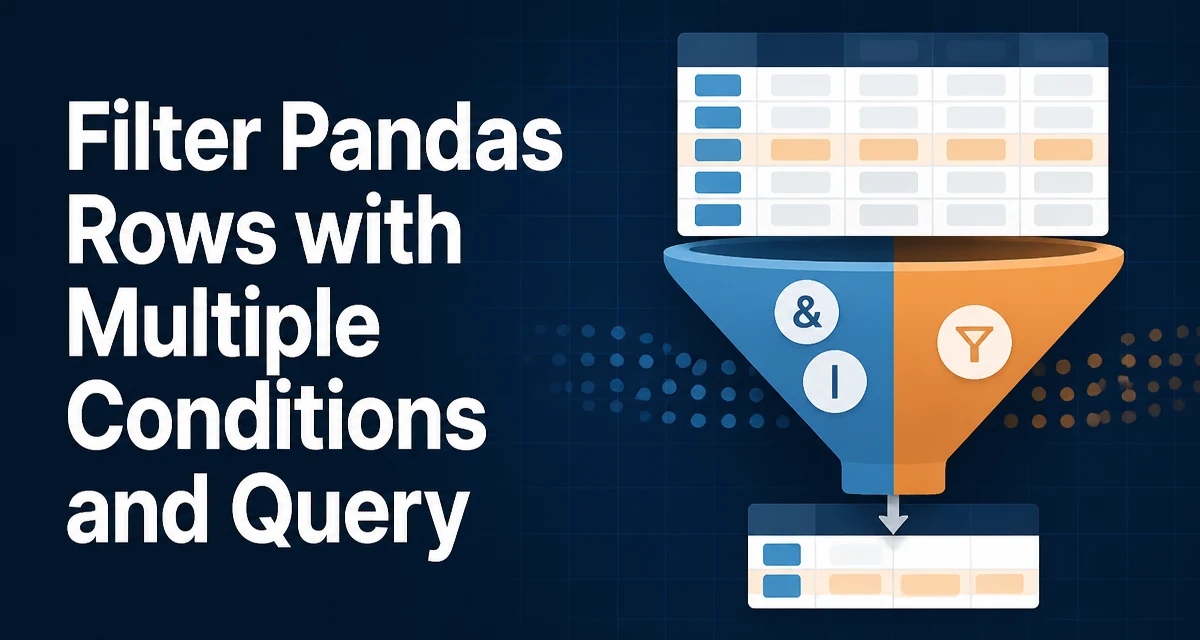 A clean editorial illustration of a pandas DataFrame with rows being filtered by multiple conditions using boolean logic and query syntax.