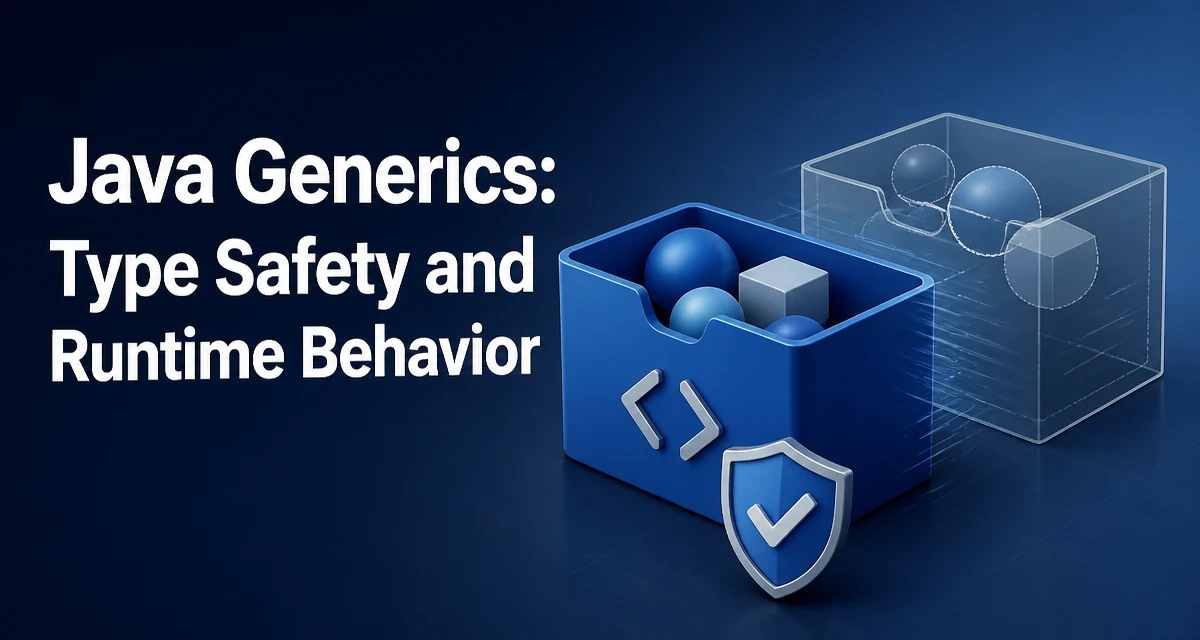 Illustration of Java generics showing a type-safe container with compile-time checks and type erasure at runtime.