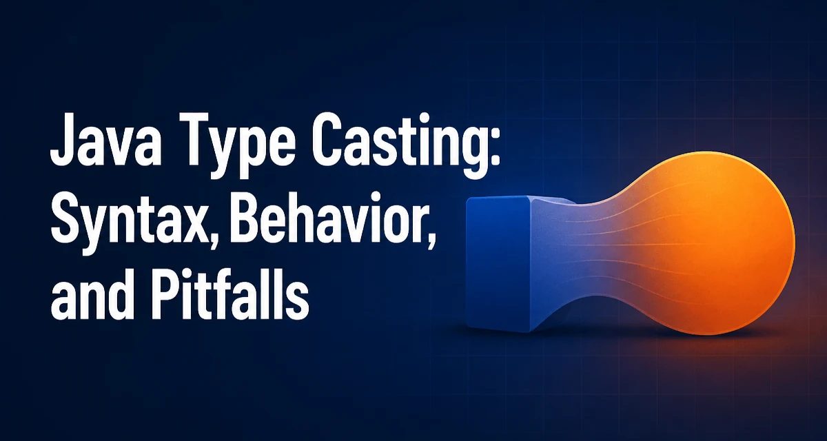 A visual metaphor for Java type casting showing a rectangular data block transforming into a circular type shape with a subtle Java color palette.