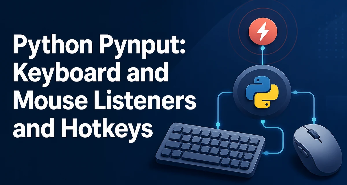 Illustration of a Python script capturing global keyboard and mouse input through pynput listeners and hotkeys.