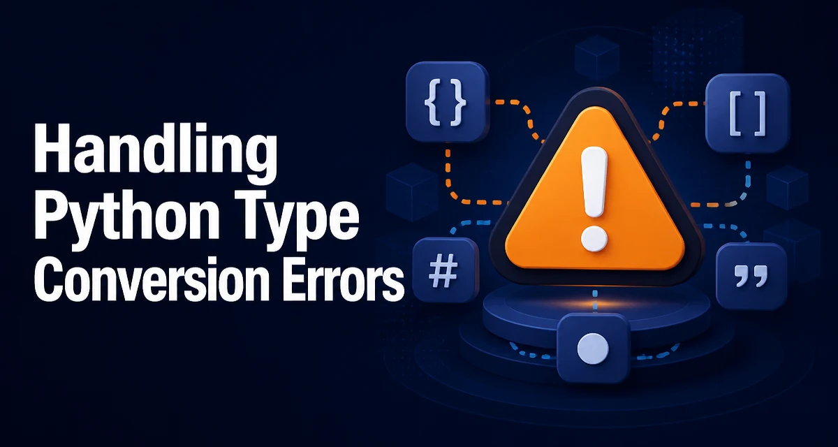 Illustration of a Python type conversion error with a warning sign and data type symbols